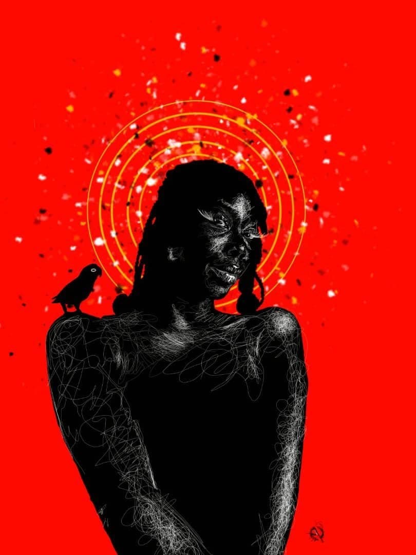 A haloed figure in silhouette against flat red, a bird on one shoulder, by Adetayo