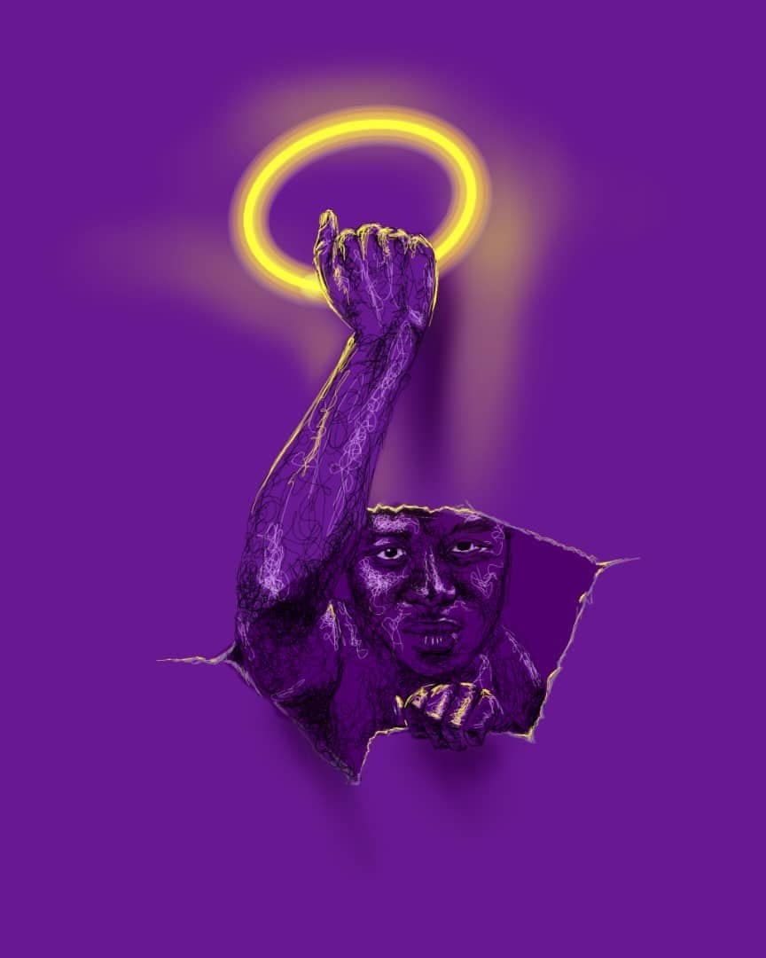 An arm reaching up through torn paper with a fist closed around a halo, by Adetayo